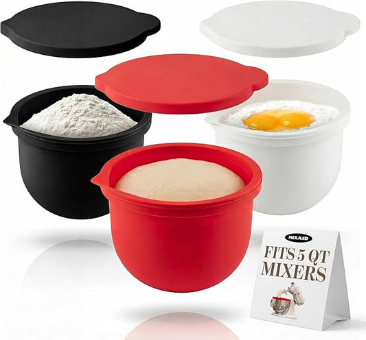 The Original MIXAID Silicone Bowl Insert Liners for KitchenAid Tilt-Head 5 Qt Stand Mixers - Replacement Mixer Accessories - Leak-Proof Design, Non-slip Base & Easy Clean - Set of 3 Liners & Lids