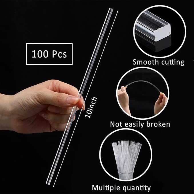 Beeveer 100 Pcs 10" Flat Clear Sticks for Cake Toppers Acrylic Candy Cake Pops Sticks Lollipop Reusable Candy Rods for DIY Cupcake Chocolate Cookie Dessert Decorations