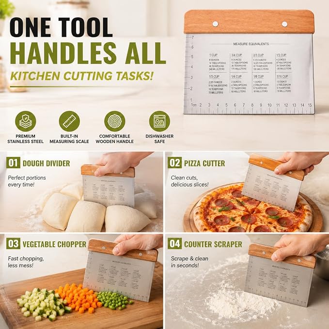 NOVANO Stainless Steel Bench Scraper, Multipurpose Dough Cutter Food Scraper, Bench Scraper with Baking Measure for Dough Dividing, Pastry Baking, Food Chopping & Flat Top Grill Cleaning