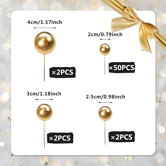 56 PCS Ball Cake Picks Gold 4 Sizes for DIY Baking Decoration Cupcake Toppers and Wedding Anniversary Birthday