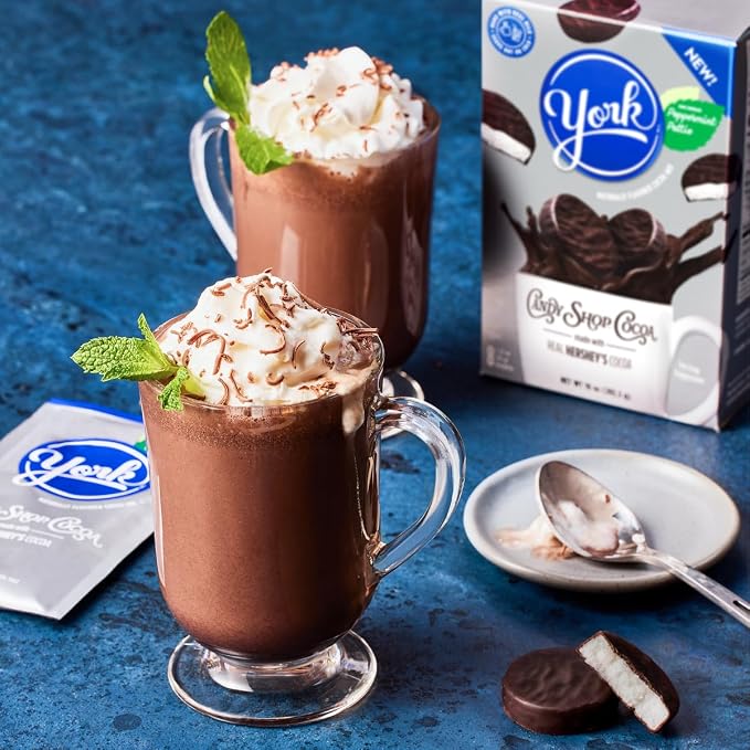 Candy Shop Cocoa YORK Peppermint Iced Cocoa Mix, 1.25 oz, 24 Pack | YORK Peppermint cocoa mix with rich chocolate and cool peppermint flavor; just add water for smooth, hot or iced drinks