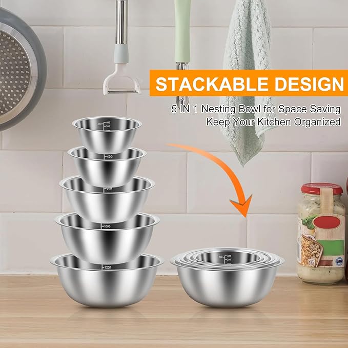10 Pack Stainless Steel Bowls, Nesting Mixing Bowl Set with Scale Marks, 5 Different Size (4.5, 3,2,1.5,0.7QT) Baking Metal Mixing Bowls for Kitchen Food Prep Storage And Serving, Cooking, Baking (10)