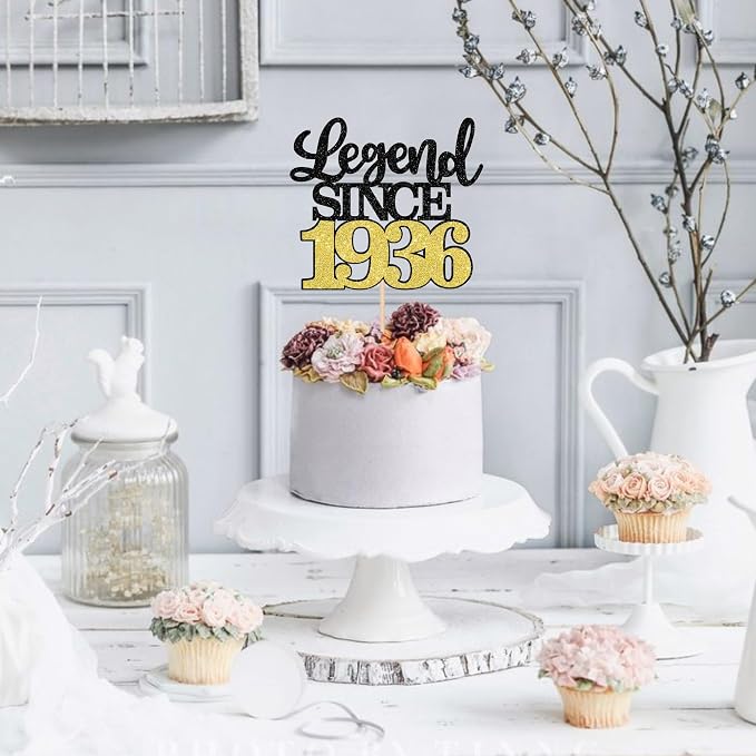 1 PCS Legend Since 1936 Cake Topper Black Gold Glitter Ninety Happy 90th Birthday Cake Pick Cheers to 90 Years Birthday Cake Decoration for 90th Birthday Anniversary Party Decorations Supplies