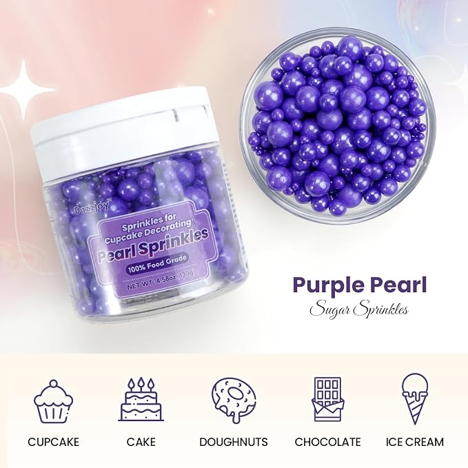 Dazzjoy Edible Pearl Purple Sugar Sprinkles, 130g/4.58oz, Purple Ball Pearls Sprinkles for Cake Decorating, Cupcake Toppers, Baking Cake Decoration, Easter Wedding Party Holiday Supplies