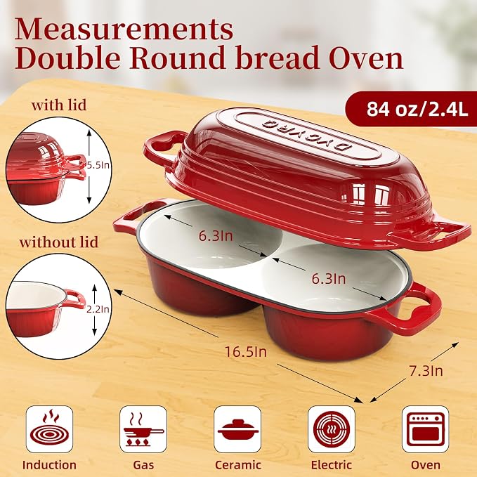 Dutch Oven For Sourdough Bread Baking – Enameled Cast Iron Dutch Oven Pot with Lid, Double Bread Loaf Pan – 500°F Oven Safe Non Stick Bread Pot for Homemade Bread, Meatloaf, Cake–Round Loaf Space, Even Heating– Red
