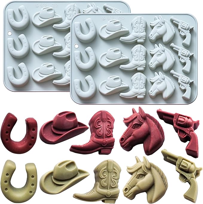 2 Pack Cowboy Chocolate Molds, Western Themed Silicone Fondant Jelly Cupcake Cake Decoration Molds, Unique Cowboy Hat Boot Horse Shape Candle Soap Wax Epoxy Resin Mold for Crafts Baking Tool