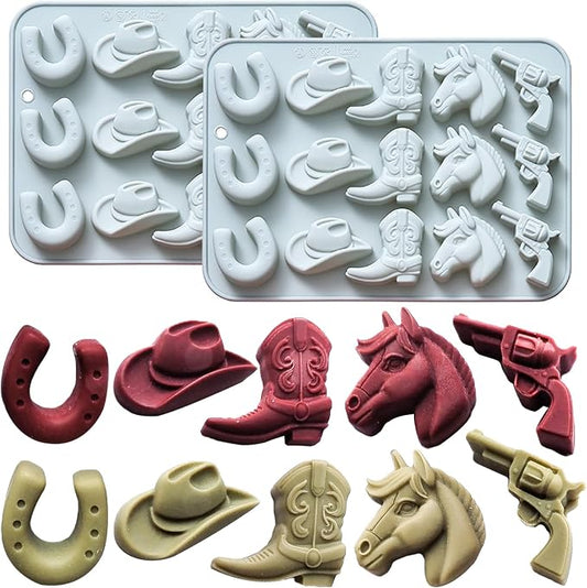 2 Pack Cowboy Chocolate Molds, Western Themed Silicone Fondant Jelly Cupcake Cake Decoration Molds, Unique Cowboy Hat Boot Horse Shape Candle Soap Wax Epoxy Resin Mold for Crafts Baking Tool