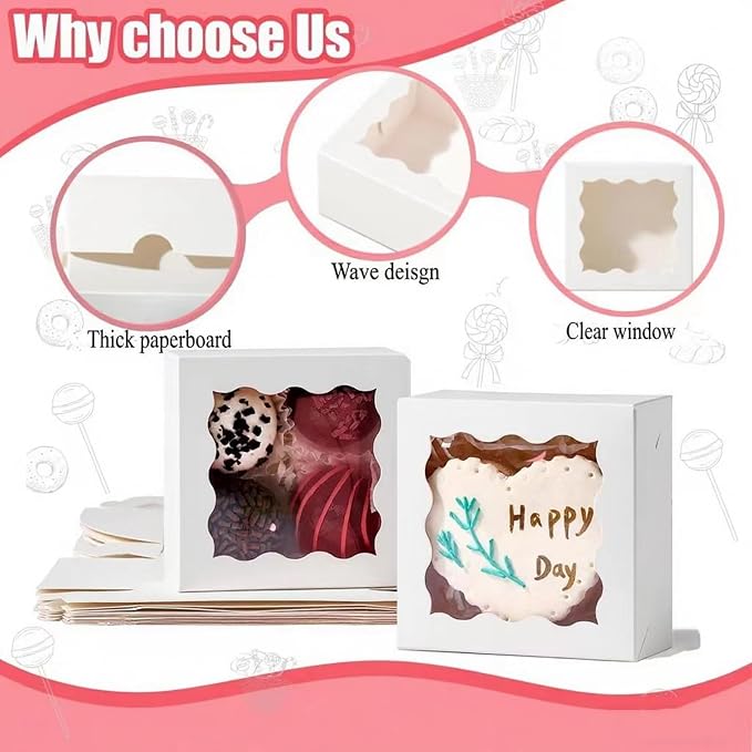 3.2x3.2x1.5 Inches 50PCS Mini Bakery Boxes with Window for Cookies, Soap, Chocolate Truffle, Donut, Macaron(White)