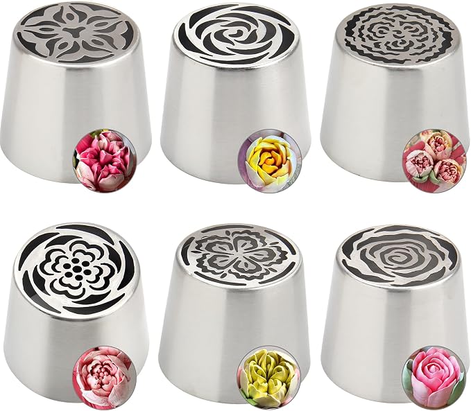 6Pack Extra Large Flower Russian Piping Tips Set, Stainless Steel Rose Tulip Icing Tips For Cake Decorating, Floral Piping Tips Flower Bouquet For Cookies Desserts Baking Tool(XXL,6D)