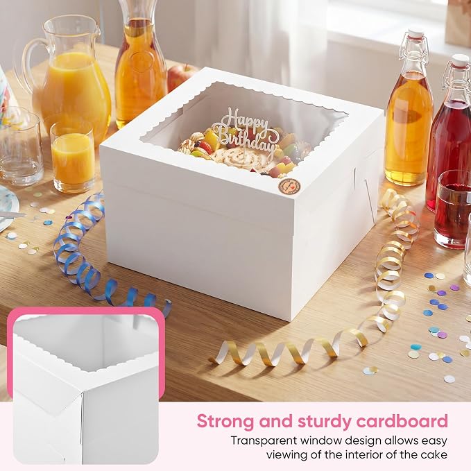 2 Pack 10 x 10 x 8 in Cake Boxes with Window & Cake Boards — Disposable Cake Carrier Boxes with Lid, Includes Stickers, Envelopes, Greeting Cards & Ribbon — Bakery Boxes for Cakes & Cupcakes