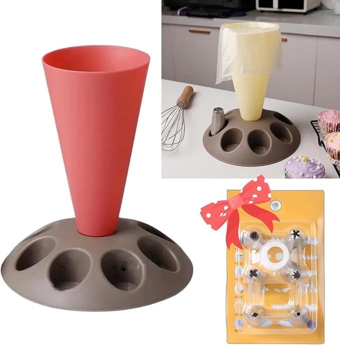 CRUIFU Piping Bag Holder Stand for Filling, Pastry Bag Holder Stand, Decorating Bag Holder with 8 Slots Nozzles Holder, Plastic Pastry Bag Stand for Cake Decorating Kit, Baking Accessories (Red) | Keeps piping bags upright for cleaner filling, making d...