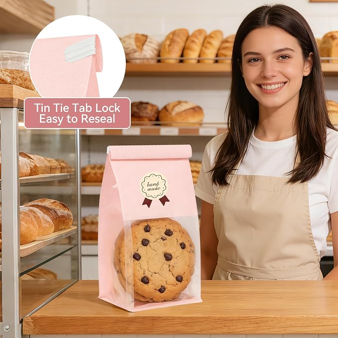 Funcoo 50 Cookie Bags with Seal, Resealable Bakery Bags with Window, Pink Paper Treat Bags for Packaging Pastry, Muffin, Cookie, Baked Goods, Included 60 Handmade Stickers