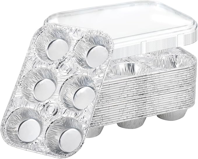 Disposable Muffin Pans with Lids, 20 Pack Aluminum Muffin Pans with Clear Lids, 6-Cup Size Throw Away Tin Foil Pan, Strong and Flat Base for Even Baking, Ideal for Parties and Holidays