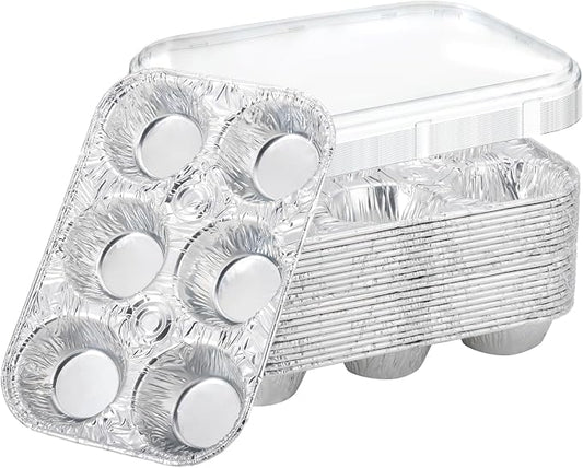 Disposable Muffin Pans with Lids, 20 Pack Aluminum Muffin Pans with Clear Lids, 6-Cup Size Throw Away Tin Foil Pan, Strong and Flat Base for Even Baking, Ideal for Parties and Holidays