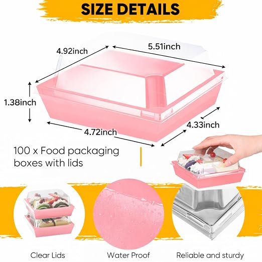 100 Pack Charcuterie Boxes with Clear Lids Valentine Gift 5 Inch Cookie Boxes Disposable Cake Case Paper Square Cookie Containers Dessert for Sandwich Slice Cake Hot Cocoa Bombs Strawberries(Pink)