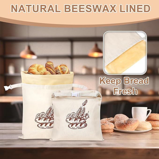 2pack Beeswax Linen Bread Bag Large Reusable Sourdough Bread Bags | 17 x 12 in, Beeswax Liner, Buckle Closure, Keep Bread Fresh, Baking Storage, Blue Floral Design