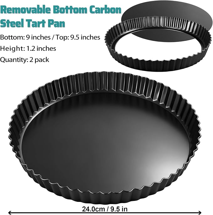 Tart Pan 2 Pack, 9 Inch Non-Stick Carbon Steel Pie Pan, Tart Pans with Removable Bottom -Top 9.5 inches, bottom 9 inches, 1.2 inches deep - Perfect Molds for Making pie, Fruit Tarts with Grooved Edges