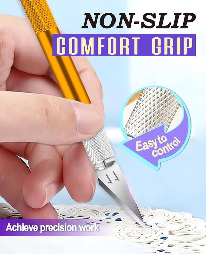 DIYSELF Craft Knife with 10 Extra #11 Blades, Precision Hobby Knife Set with Steel Ruler, Exacto Knife for Crafting, Polymer Clay, Pottery, Paper, Vinyl, Stencil & Model Making (Gold)
