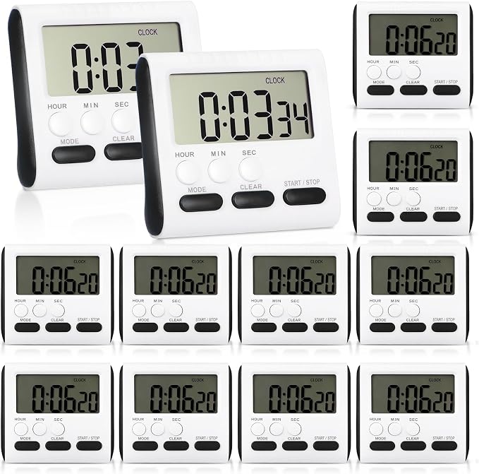 Mudder 12 Pack Digital Kitchen Timer for Cooking, Large Digits, 24 Hour Magnetic Backing Stand Kitchen Timers Clock for Classroom Kids Teachers, Loud Alarm and Large Screen (Black)