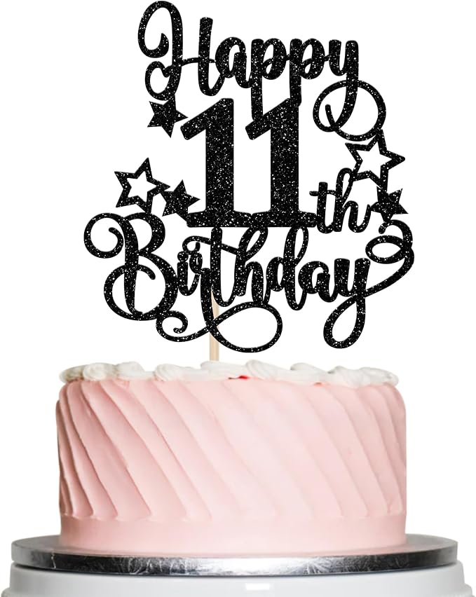 1 PCS Happy 11th Birthday Cake Topper Glitter Cheers to 11 Years Birthday Cake Pick Hello 11 Fabulous Cake Decoration for Happy 11th Birthday Anniversary Party Decorations Supplies Black