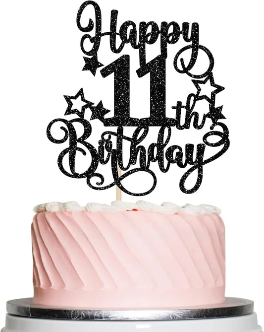 1 PCS Happy 11th Birthday Cake Topper Glitter Cheers to 11 Years Birthday Cake Pick Hello 11 Fabulous Cake Decoration for Happy 11th Birthday Anniversary Party Decorations Supplies Black