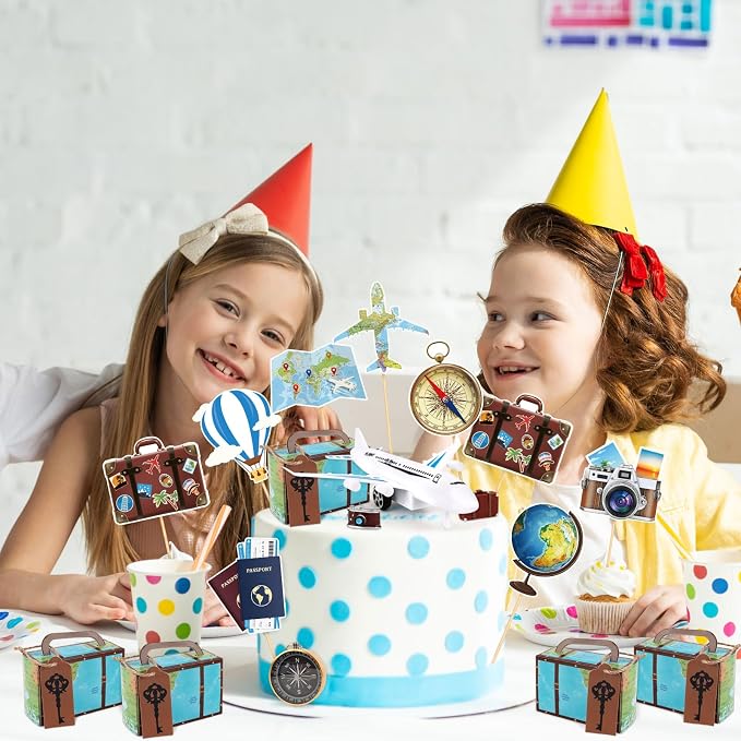 Hooqict 34 Pcs Travel Birthday Cake Topper with Mini Suitcase, Globe, Map, Airplane Cake Decorations for Travel Themed Party Decorations Let The Adventure Begin Around the World Party Supplies