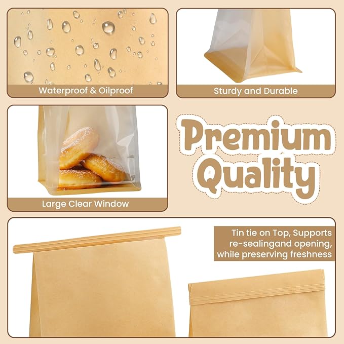 50 Pcs Bread Bags for Homemade Bread Sourdough, 10.2 * 6.3 * 5.1 Inches Bakery Bags with Window Reusable Tin Tie Baked Goods Packaging