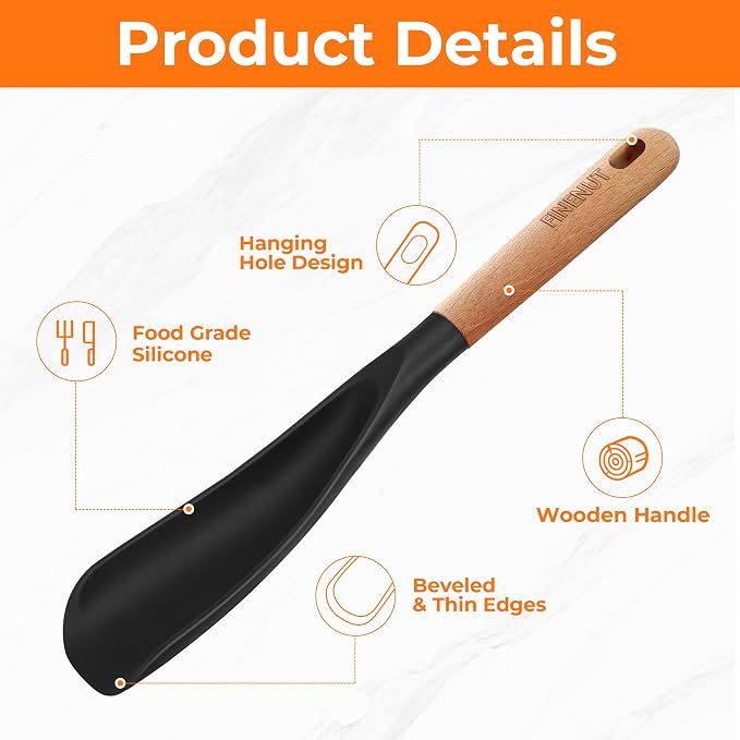 13" & 11" Silicone Cooking Spoons 2-Pack with S-Hooks - Wooden Handle Spoonula Set for Nonstick Cookware - Heat Resistant 446°F Spatula Spoon for Mixing & Serving, BPA Free（Black）