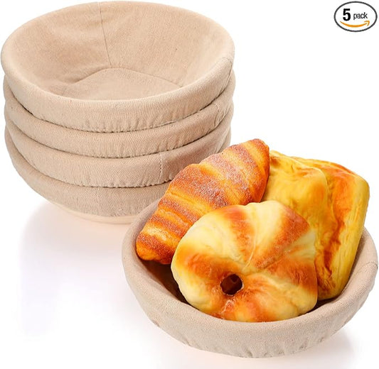 Nuogo 5 Pack Banneton Bread Proofing Basket 8.5 Inch Round Sourdough Proofing Basket Bowl with Liners and Scatters for Home Making Bread Bakers Baking
