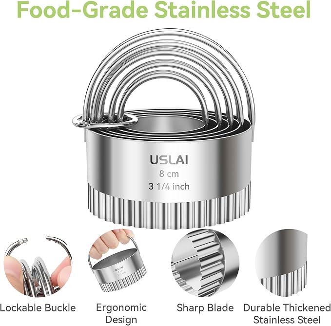 USLAI Biscuit Cutter Set (1.75, 2, 2.5, 2.75, 3.25 Inch), Stainless Steel Fluted Round Cookie Cutter with Handle, Professional Kitchen Baking Dough Tools, 5 Pieces - Wave