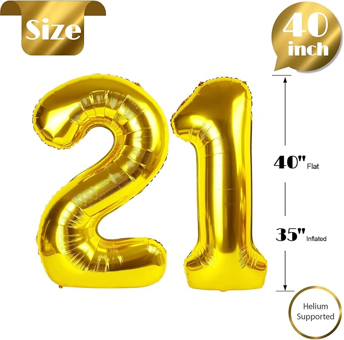 Gold Number 21 Balloon 40 inch, 21 Number Balloons, 21st Gold Birthday Decorations, 21 Year Old Women Men Golden Party Supplies