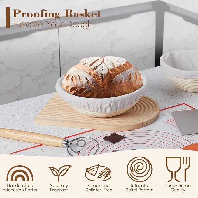 17 Pieces Banneton Bread Proofing Basket Set - 9 and 10 inch Round Sourdough Bread Proofing Baskets - A Complete Bread Making Kit, Danish Whisk, Bowl Scraper, Dough Scraper, & Bread Lame