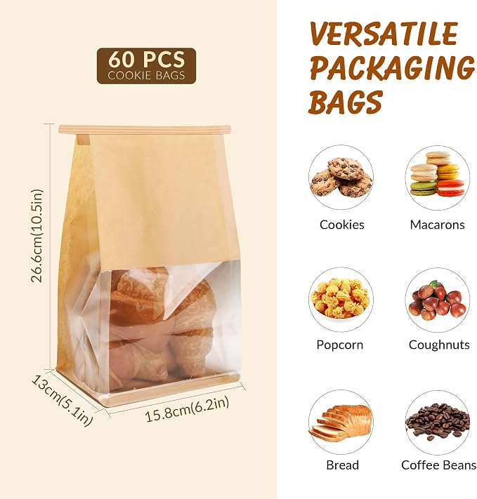 60 Pcs Bakery Bags with Window, 5.1x6.2x10.5 Inches Ties Lock Cookie Packaging Bag Resealable Paper Treat Bags for Homemade Breads, Popcorn, Candies,Treats, Snacks, Baked Goods Packaging