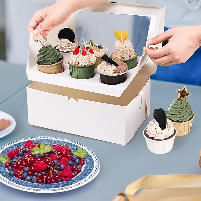 Yesland 30 Pack White Jumbo Cupcake Boxes, 6 Cupcake Containers with Windows, Handle Tray and Inserts, 10 x 6.8 x 4inch Tall Paper Cupcake Holder Carrier for Muffins, Standard or High Creams Cupcakes