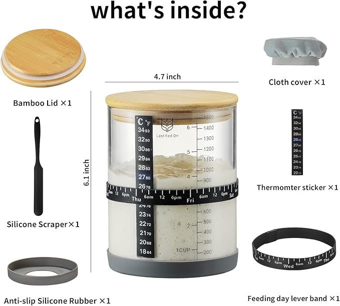 Sourdough Starter Jar,50oz Wide-Mouth with Non-slip silicone rubber Bottom Sourdough Starter Kit,Date Marked Feeding Band, Thermometer, Cloth Cover & Bamboo Lid, Reusable Sourdough Bread Baking