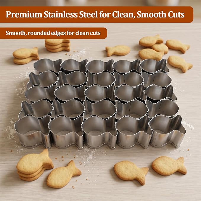 Gold Fish Cracker Cutter Stainless Steel Cookie Cutter Mold, Makes 25 Mini Fish Biscuits at Once, Baking Tool for Party Snacks, DIY Gift Treats