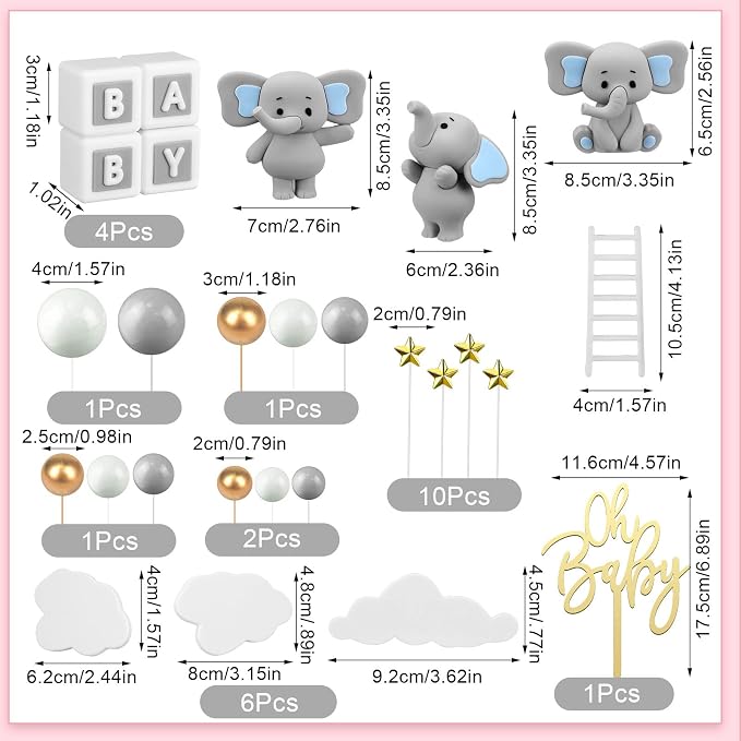 Yinder Bear Cake Toppers Mini Bear Cake Decorations Cake Toppers Gold White Pearl Ball for Birthday Party Decorations(Gray,Elephant Style)