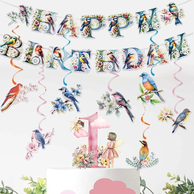 Zwiebeco Multicolored Flowers Birds Happy Birthday Banner Bunting Hanging Paper Swirls Garland Party Decorations for Boys Girls Kids Baby Shower Spring Summer Themed Bday Decor Accessories Supplies