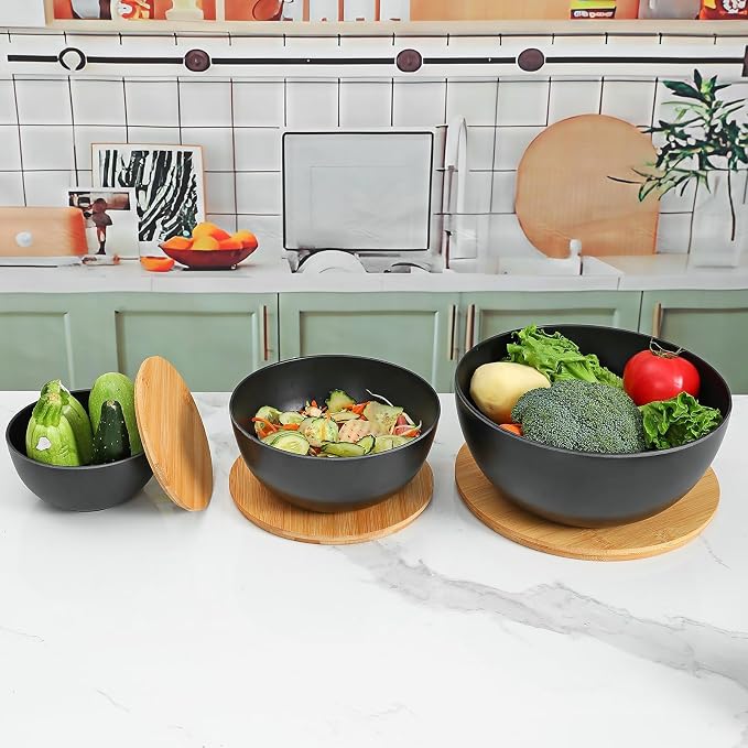Eco-Friendly Bamboo Fiber Meal Prep Bowl Set with Lids (3 Pack), Sustainable Mixing & Serving Bowls for Kitchen, Food Storage, Picnic & Fitness (5.7" x 7.6" x 9.8") Non-heatable