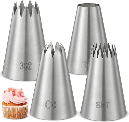 Large Piping Tips Stainless Steel Round Piping Tip Icing Pipings Nozzle Tip Set 4 Pcs Frosting Pipings Kit Pastry Cake Decorating Tips Baking Tools for Cupcake Cake Cookie Decorating
