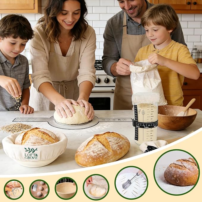 Loft & Grove Sourdough Starter Kit – Complete Bread Baking Kit with 9” Banneton Proofing Basket, 34oz Starter Jar with Feeding Tracker, Dough Whisk, Bread Lame – Beginner Sourdough Baking Supplies