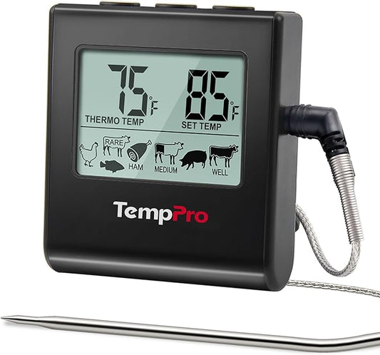 TempPro TP16 Large LCD Digital Meat Thermometer for Cooking, Smoking, Grilling, BBQ Food Temperature Indicator with Clock Timer and Stainless Steel Probe, Black(Previously ThermoPro)