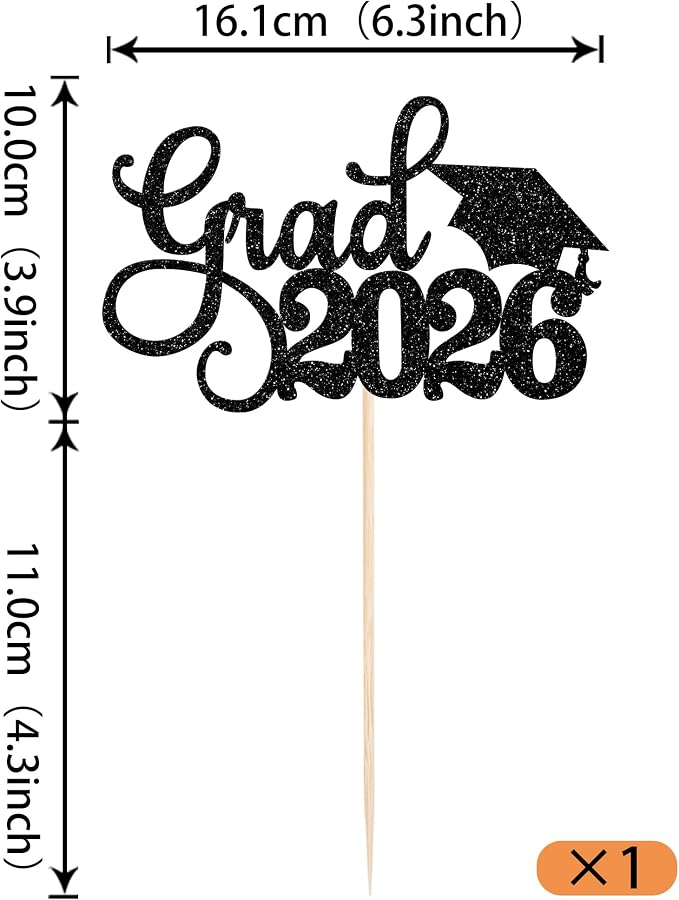1 Pack Grad 2026 Cake Topper with Glitter Congrats Grad Cap Class of 2026 Cake Pick Decorations for 2026 Graduation Theme School Boys Girls Graduate Party Supplies Black