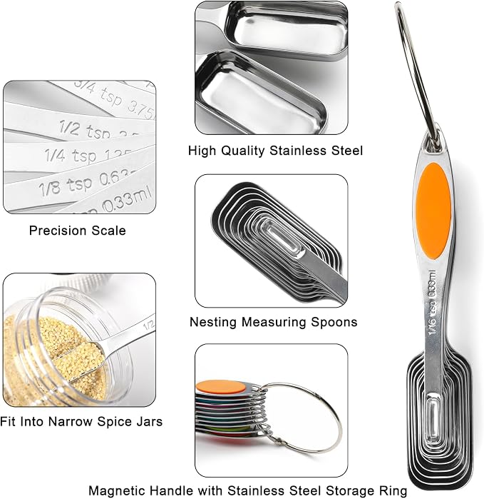 Magnetic Measuring Spoons Set of 11,Stainless Steel Magnetic Measuring Spoons,Teaspoon Measuring Spoon with Leveler for Dry or Liquid Ingredients (11, Colorful)