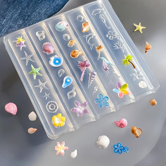 Ocean Nail Art Silicone Mold, 3D Seashell Starfish Conch Nail Charms Mold, Marine Theme Silicone Mold for Acrylic Gel Resin Nail Decoration, Reusable DIY Nail Accessories