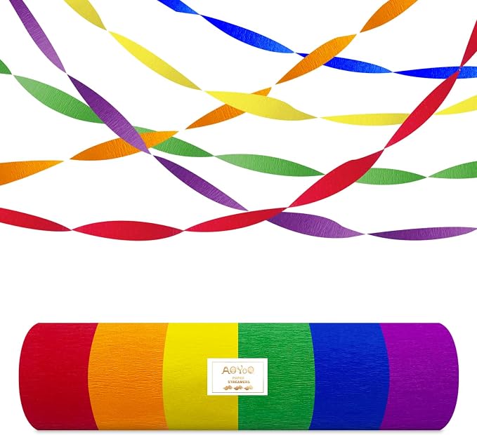 AOYOO Crepe Paper Streamers, 6 Rolls Rainbow Party Streamers in Red, Yellow, Green, Blue, Orange and Purple, Vibrant Decorations for Fiesta, Circus, Carnival and Superhero Party Supplies