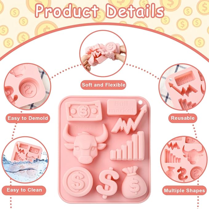 Ipotkitt 2pcs Pink Stock Market Themed Silicone Candy Molds Money Dollar Sign Bull Market Gummy Molds for Jelly Fondant Chocolate Candy Ice Cake DIY Crafts