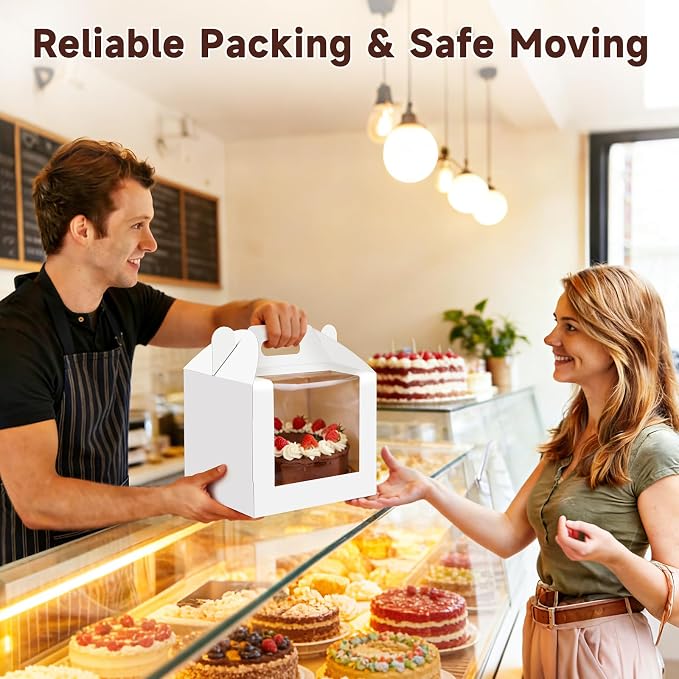 10 Pcs Cake Boxes 10 Inch with Handle, 10x10x8 Inches Tall Cake Box with Window for Tier Cakes, Bakery Take Out Container Cake Carrier, White Large Bakery Boxes for Baking Wedding, Birthday, Party