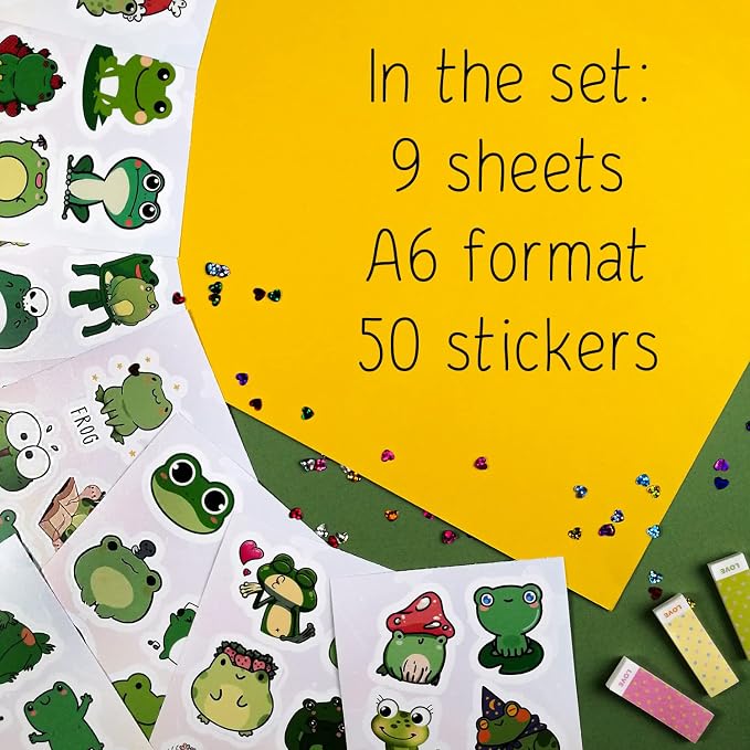 BulbaCraft Kawaii Frogs Stickers Set, 50 Pcs Green & White Vinyl Decals for Kids, Waterproof, Scratch Resistant, Indoor Usage, Single Use, Water Bottle, Laptop, Scrapbook, Journal, Frog Theme