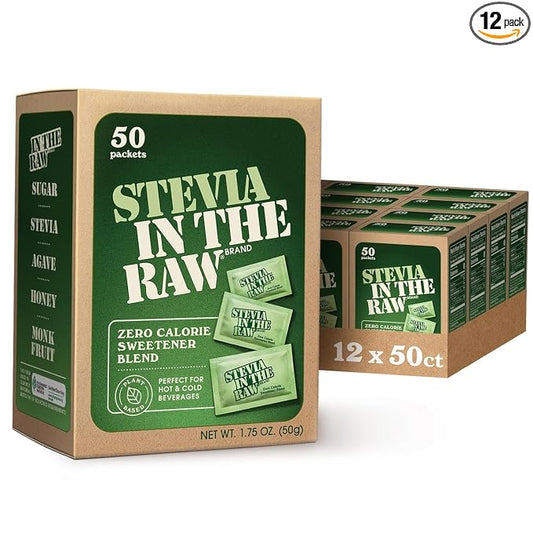 Stevia In The Raw, Plant Based Zero Calorie, Sugar Substitute, No Erythritol, Sugar-Free Sweetener for Coffee, Hot & Cold Drinks, Suitable For Diabetics, Vegan, Gluten-Free, 50 Count Packets (12 Pack)